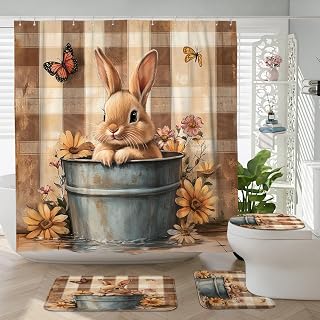 4PCS Cute Bunny Rabbits Shower Curtain Sets with Non-Slip Rug, U Shape and Toilet Lid Cover Mat, Farmhouse Plaid Flowers Home Decor, Bathroom Accessory with 12 Hooks