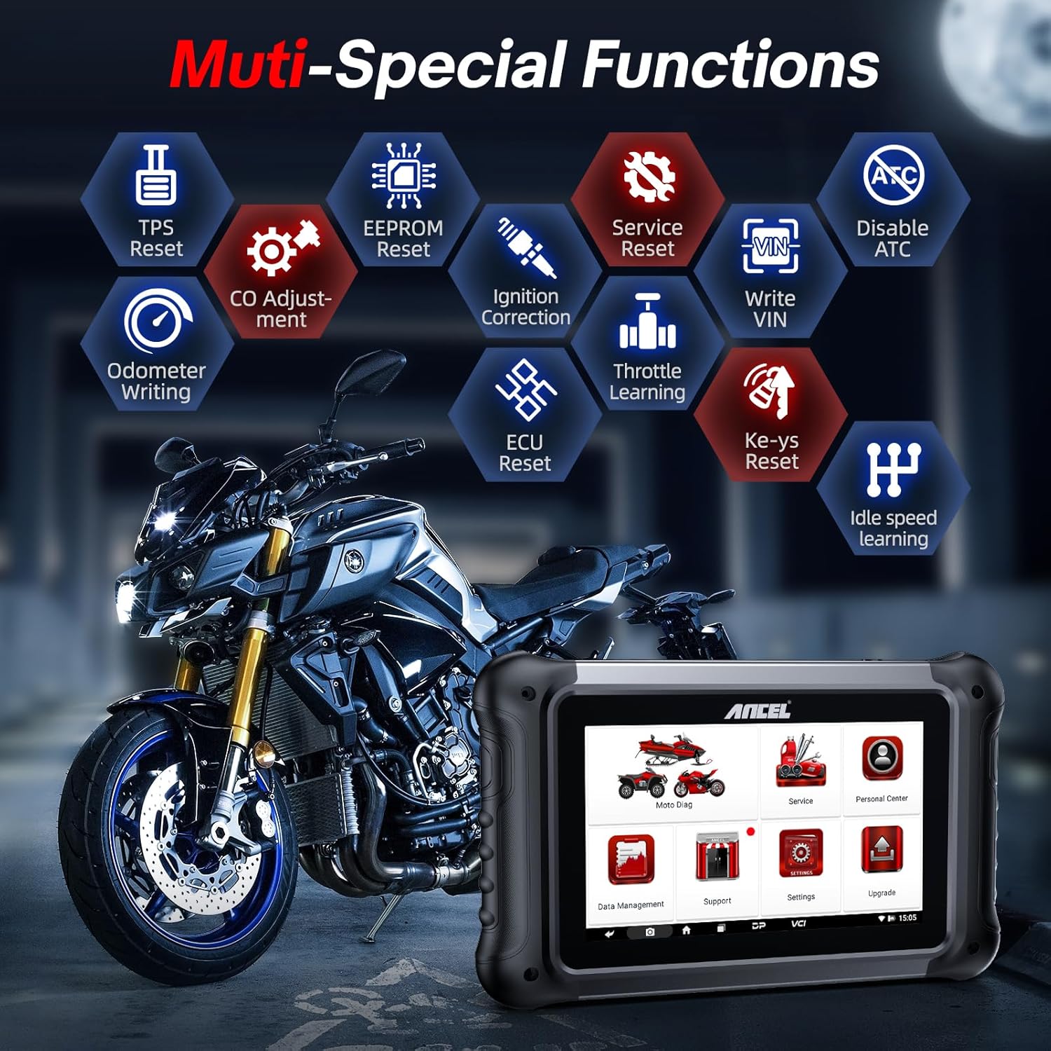 ANCEL MT700 Motorcycle OBD2 Scanner Full Systems, ABS Transmission Diagnostic Tool with 35+ Reset Functions for Aprilia/Benelli/MMW/BRP/Ducati/Harley/Honda/Indian/Suzuki,Android, 7” Touch Screen, 16GB