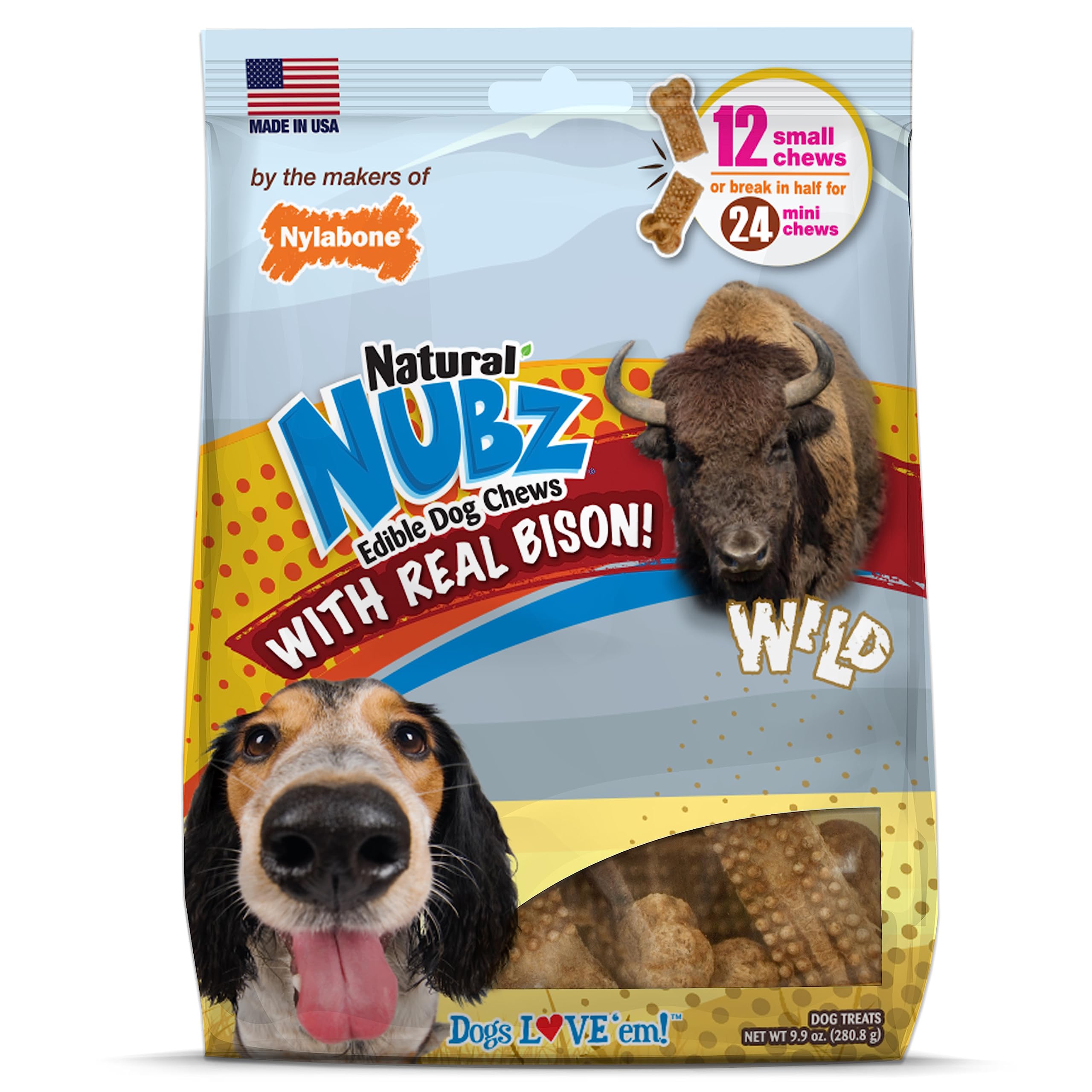 Nubz Wild Natural Edible Chew Treats for Dogs, Made in USA, Bison Flavor, Small - Up to 25 lbs. (12 Count)