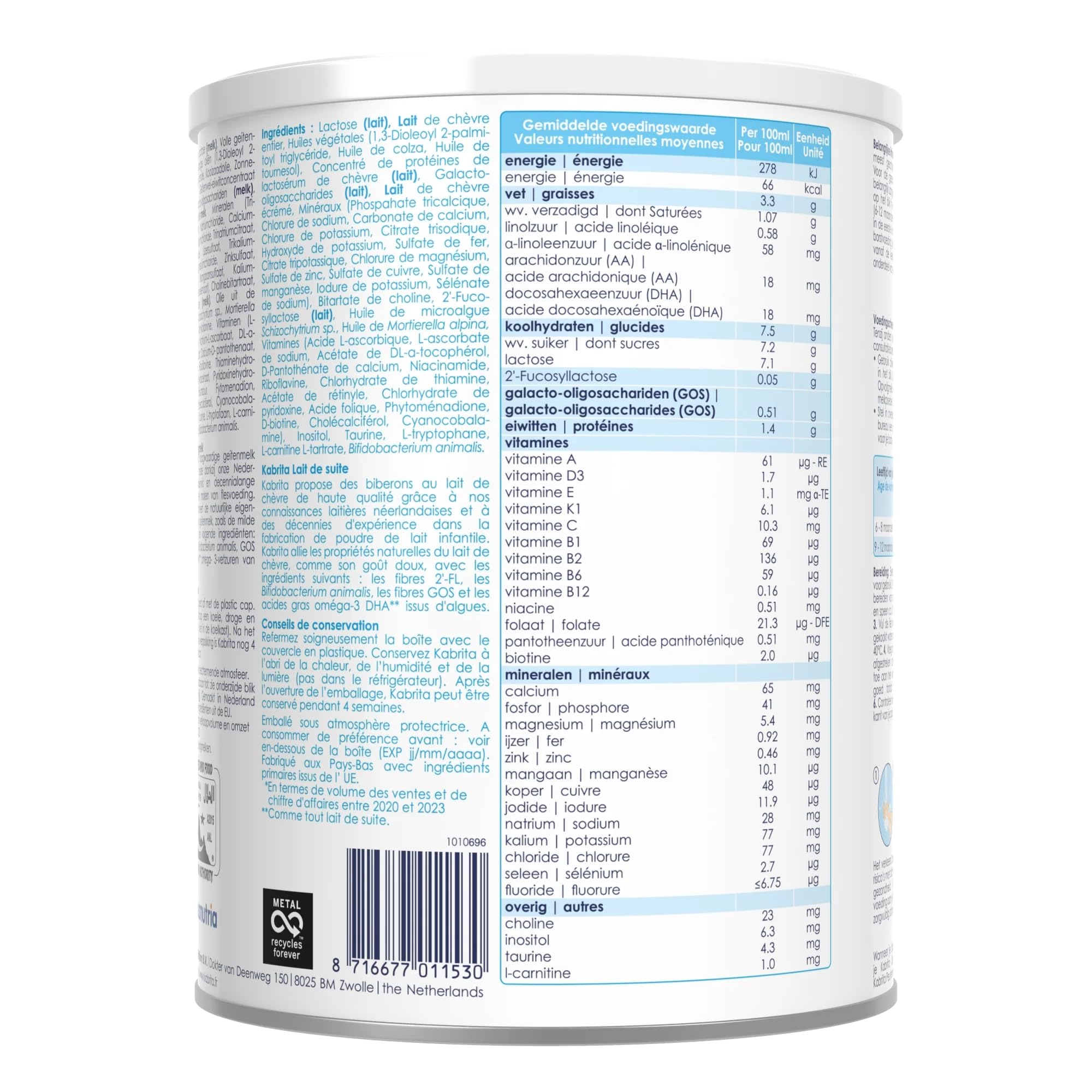 Kabrita 2 Lait de suite au Lait de Chèvre – Formule bébé 6–12 mois – Avec DHA, prébiotiques & vitamines – 800 g