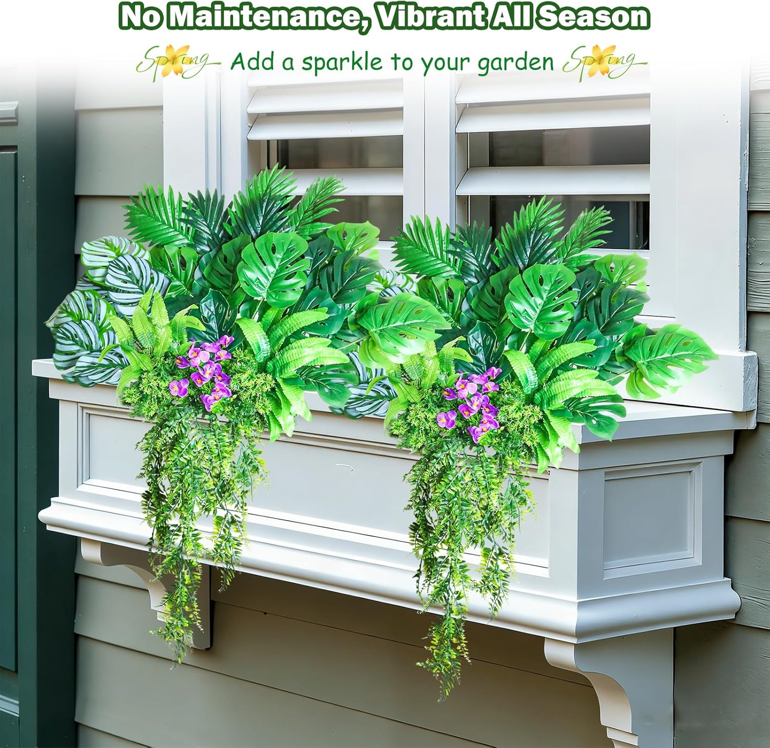 Tall Artificial Greenery Outdoor Faux Plants Hanging Ferns,10Bundles Faux Shrubs Fake Monstera Palm Boston Fern Plants for Outdoor Planters, Realistic UV Resistant Tropical Leaves for Window Box
