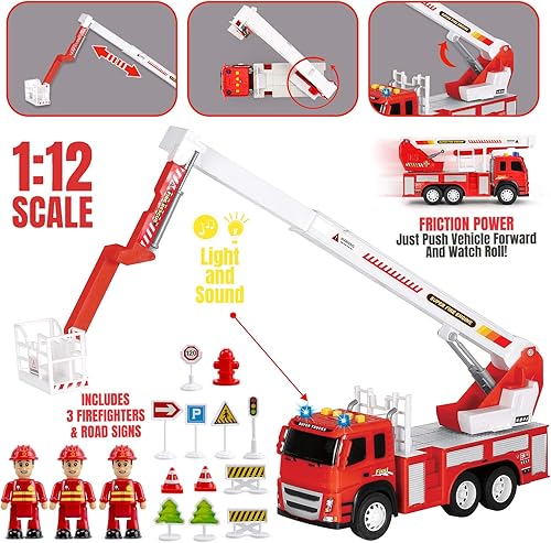 Vista 2 de MOBIUS Toys Camión de bomberos - Juguete grande a escala 1:12 con motor de bomberos realista, 3 bomberos, señales de tráfico, luces y sonidos