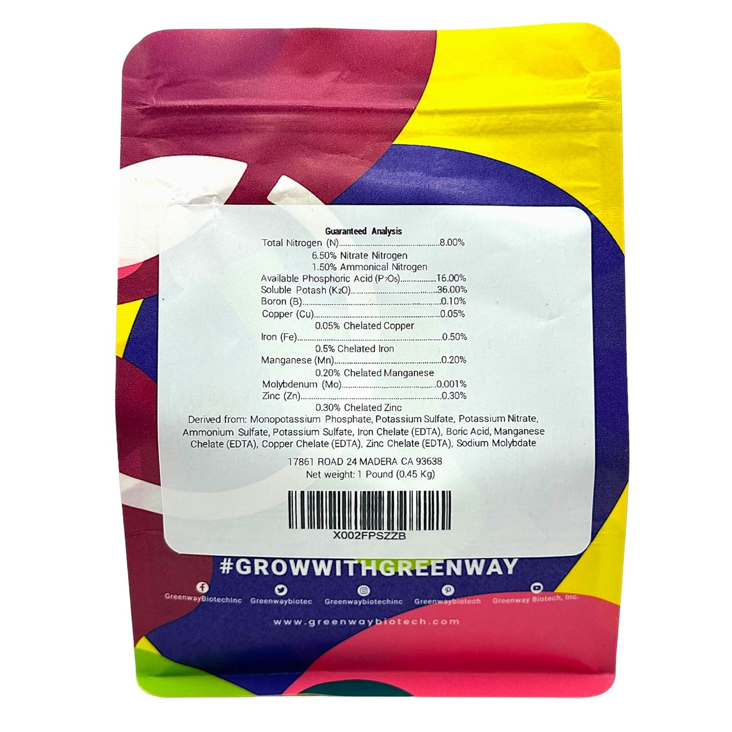 Greenway Biotech, Inc. Cucumber Fertilizer 8-16-36 - Water Soluble with Chelated Micronutrients - Prevents Bitter Cucumbers - for Melons Squash Zucchini - Hydroponics Soil Foliar - 1 LB