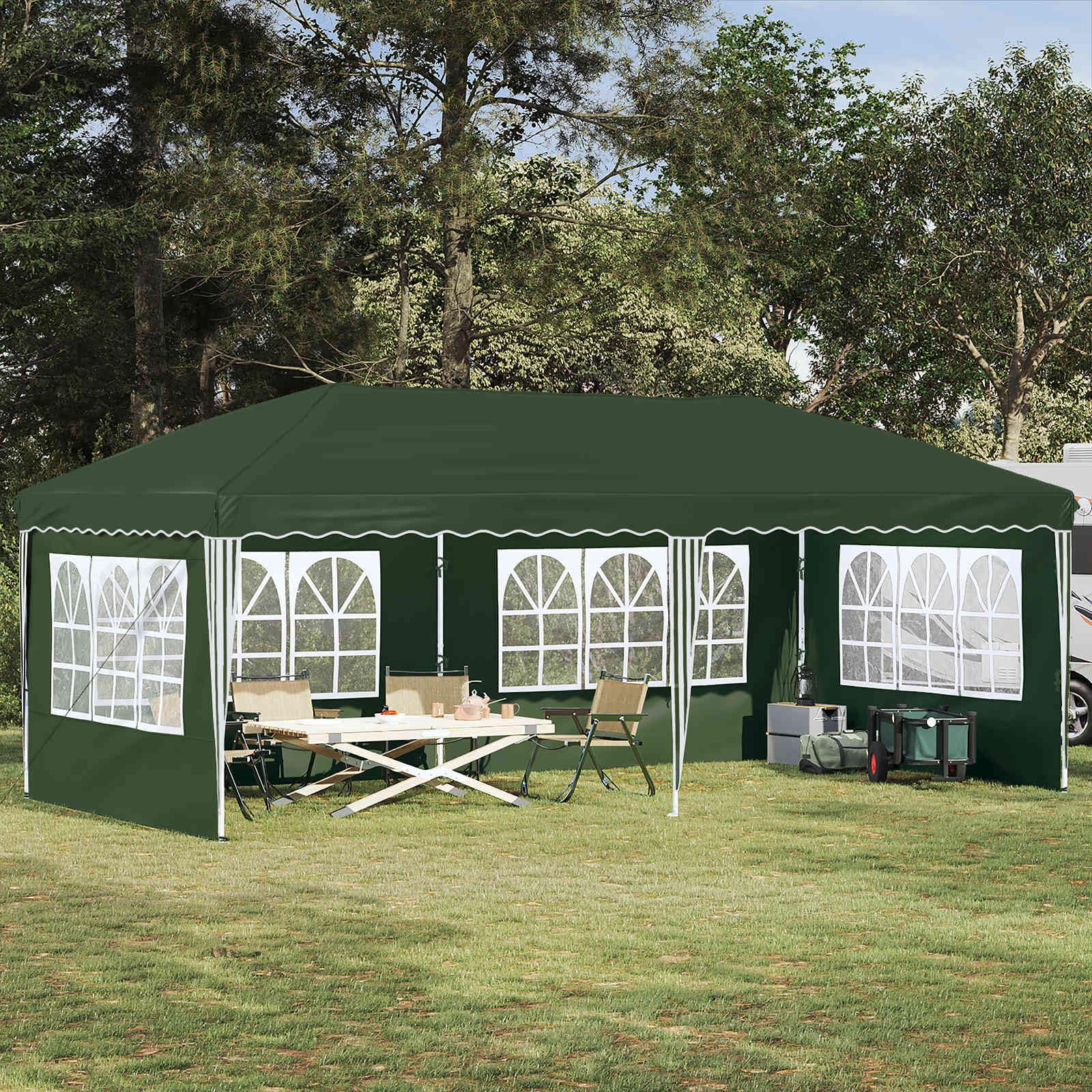 Namiot imprezowy Pop-up, zielony, 575 x 289 x 245 cm, z malowaną proszkowo stalową ramą, odporny na warunki atmosferyczne, z regulacją wysokości, składany, do ogrodu, na taras, kemping i