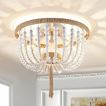 AGV LIGHTING Wood Bead Ceiling Light Fixture, Modern Flushmount Ceiling Light, D13.8 x H13, E12 Base 3-Lights, White Wood Bead & White Rust Finish Metal Frame