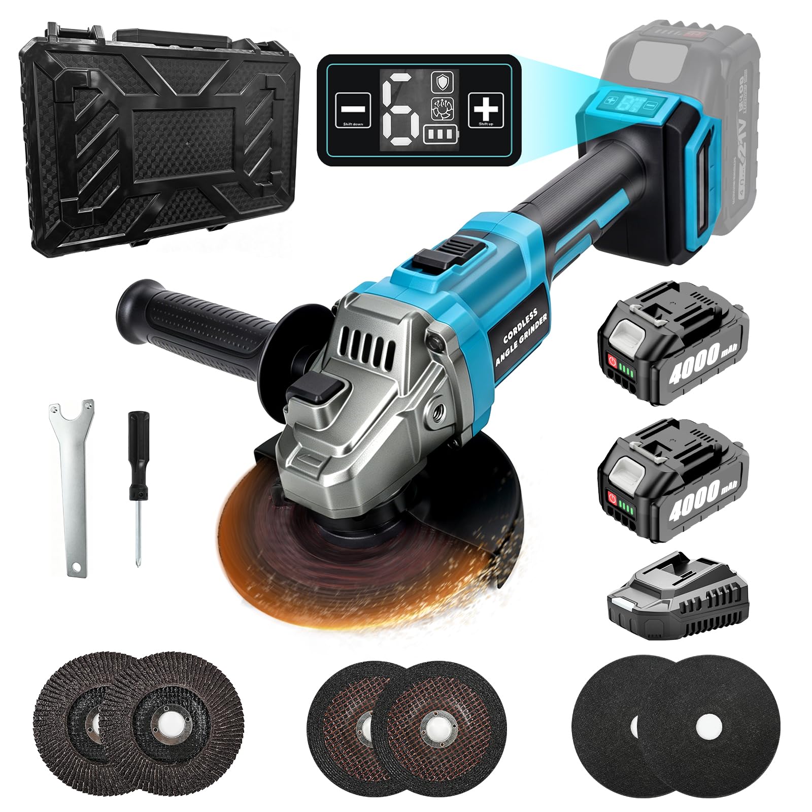 YEARTOP Amoladora angular con batería, 125 mm, 21 V, sin escobillas, con 2 baterías de 4,0 Ah, modo automático y 6 velocidades variables (máx. 10000 rpm), pantalla LED, husillo M14, desconectar y