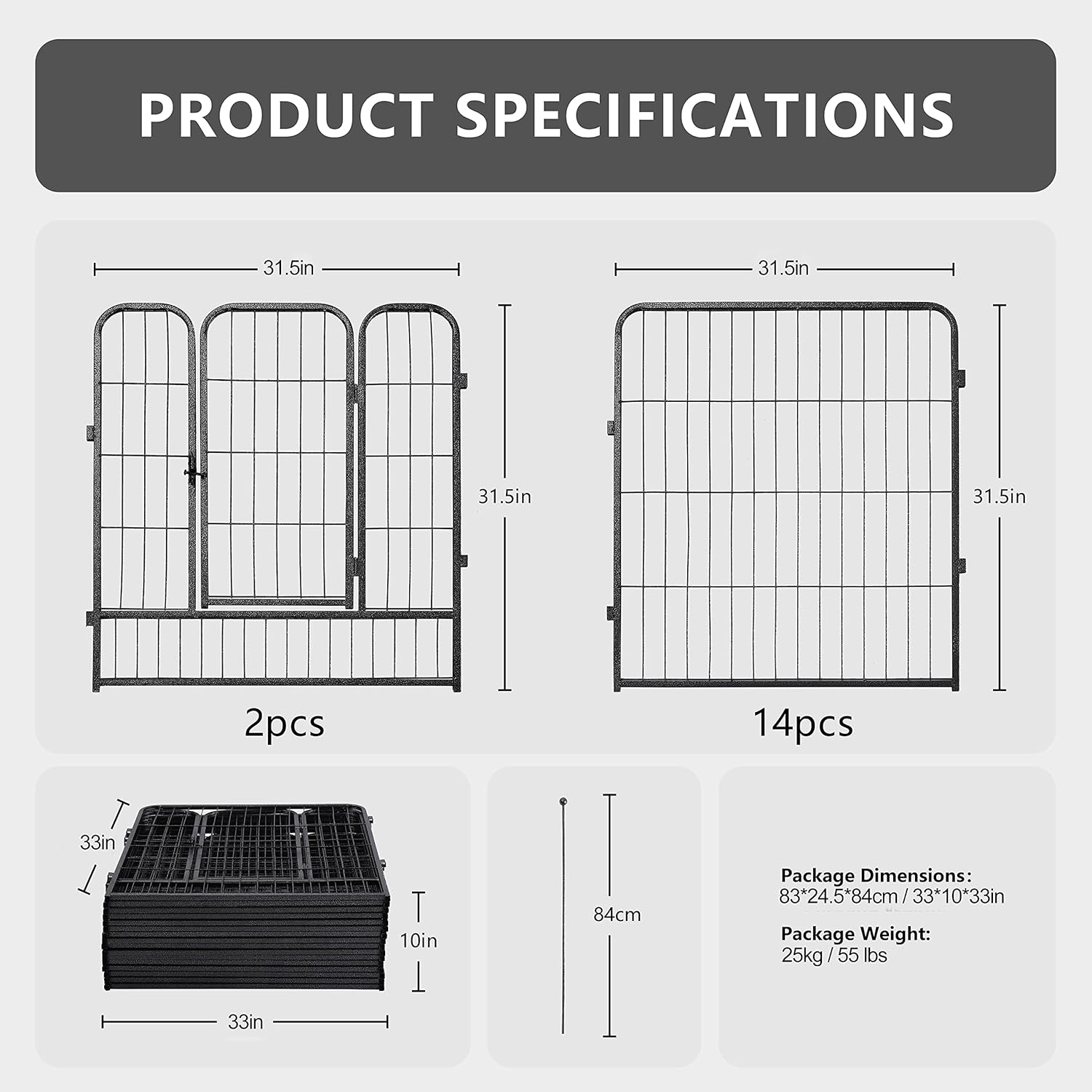 Large Dog Kennel 32" Height Portable Dog Enclosure for Yard, Camping, Indoor, Heavy Duty Pet Playpen for Small Dogs/Puppies, Metal Dog Pens Easy Setup, 16 Panels（Black-Silver）