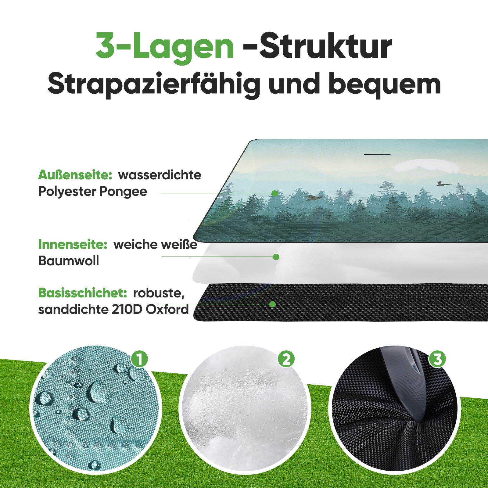 Picknickdecke isoliert 200 x 200cm XXL wasserdicht, 210D Oxford Campingdecke Stranddecke Ultraleicht, Picnic Blanket mit Tragegriff Outdoor Decke für 6-8 Personen, Wald
