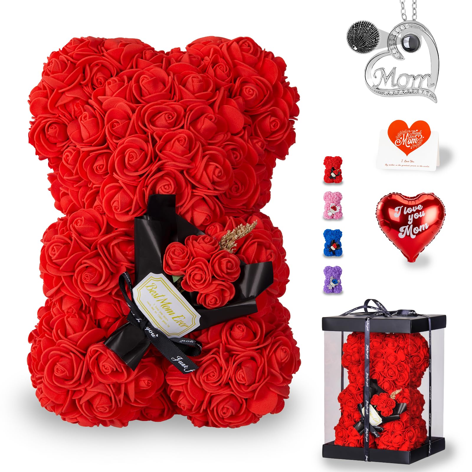 U UQUI Rose Bear Mothers Day Mom Gifts from Daughter Son, Mothers Day Flowers Bear Gifts for Mom, Rose Teddy Bear Mothers Day Presents Cute Love Gifts