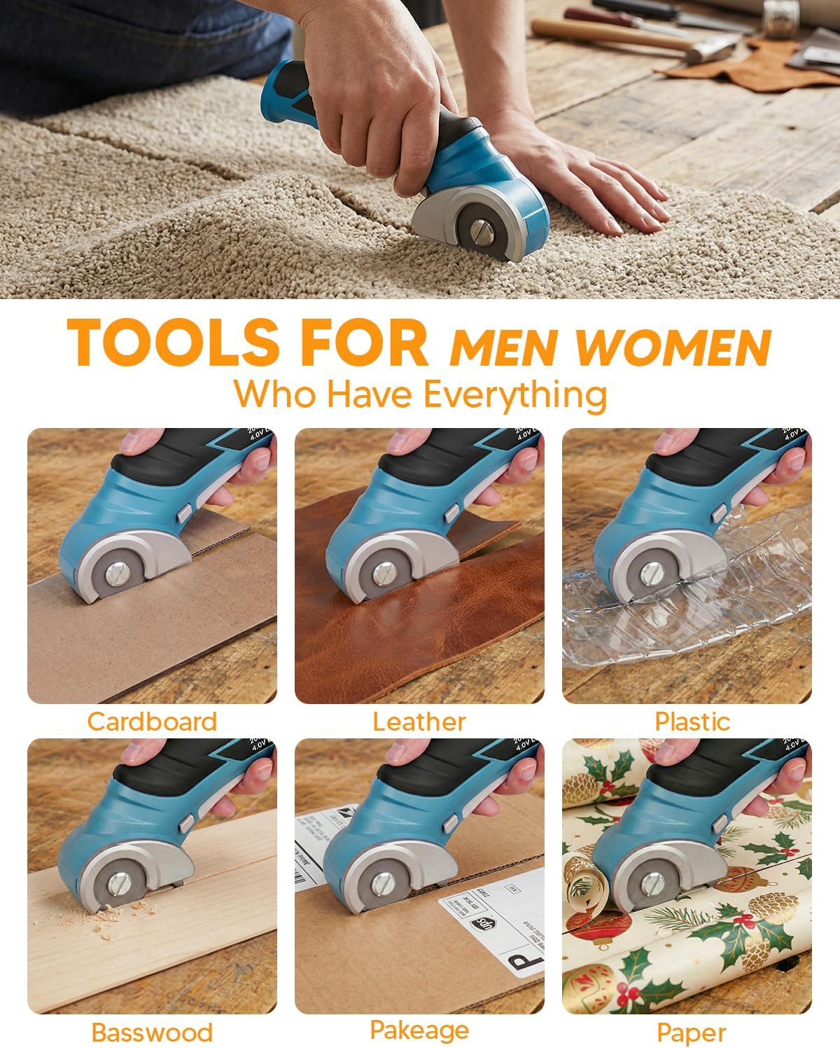 Cardboard Cutter Cordless Electric Scissors - Fathers Day Dad Gifts from Daughter Son, Electric Box Cutter for Cardboard Recycling, Rotary Blade Heavy Duty Carpet Cutting Tools Easter Basket Stuffers