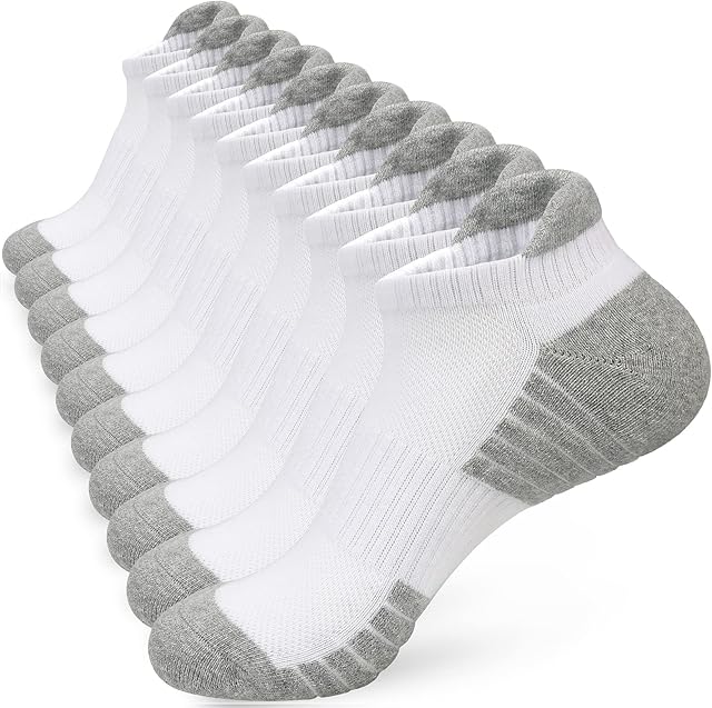 Mens White Black Socks Running Trainer Sports Ankle Walking Socks for Men 9-12 Multipack Low Cut Anti Blister Cushioned Thick Hiking Work Athletic Cotton Socks 5 Pairs