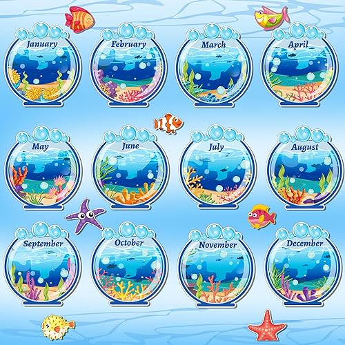 Miniatura 2 de Juego de 48 tablones de anuncios de cumpleaños bajo el mar, decoración de aula temática oceánica, feliz cumpleaños, decoración de peces de animales