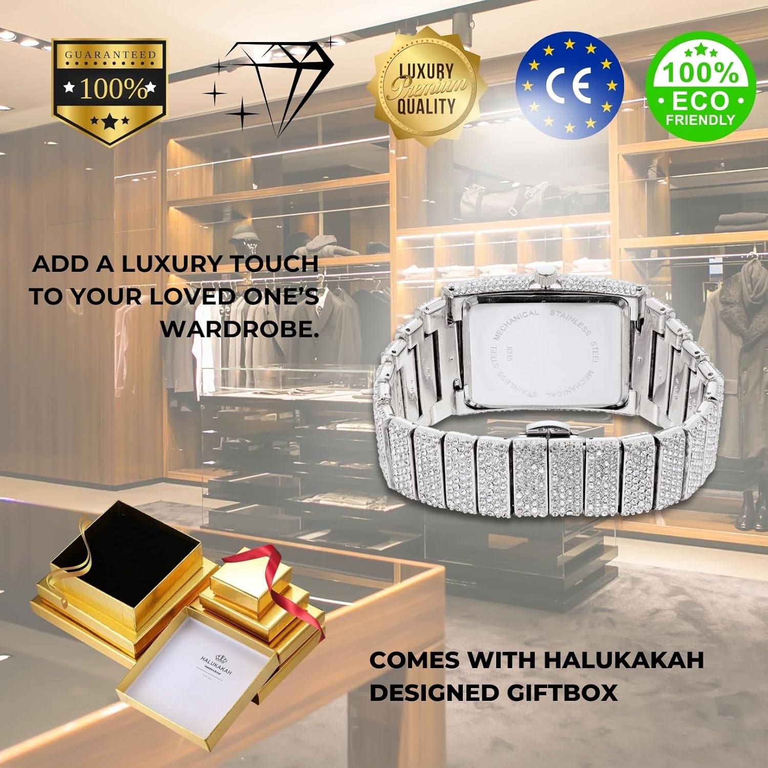 Halukakah Watch for Men - Moissanite Diamond Iced Out - Luxury 18k Real Gold/Platinum White Gold Plated,Japanese Quartz,45*35mm Rectangle Dial with Calendar,Heavy-Made,8" Wristband -Comes with Giftbox
