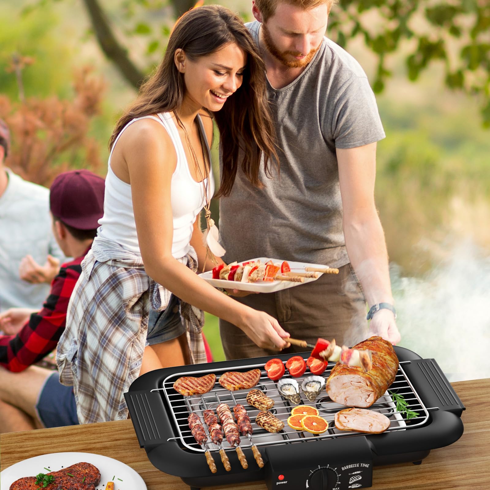 Elektrogrill Tischgrill elektrisch, Elektrischer BBQ-Grill, rauchloser Non-Stick Innen-/Outdoor-Grill, 2000W Doppelröhre tragbarer abnehmbarer Standgrill der hohen Leistung (Klassisches Schwarz)