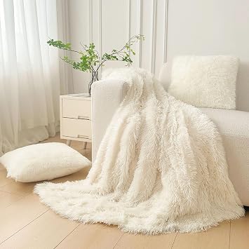 XeGe 3 Pieces Soft Fluffy Faux Fur Throw Blanket Set, Beige