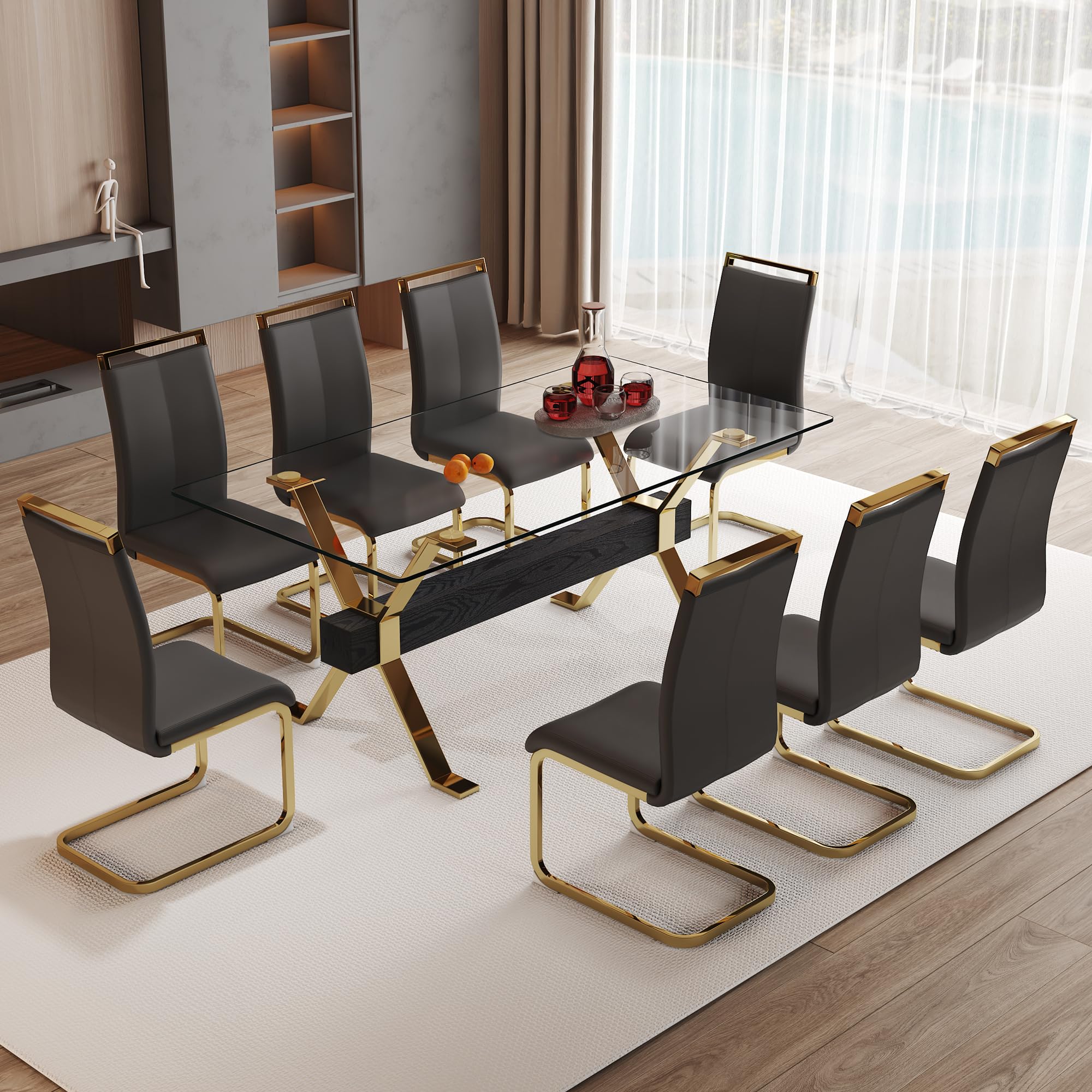9 Piece Glass Dining Table Set, Kitchen Table Chairs Set for 8, 71'' Dining Table with 0.4" Tempered Glass Tabletop with Plated Metal Legs and MDF