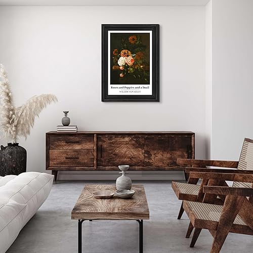 Miniatura 3 de Willem Van Aelst - Lienzo en marco plano negro con rosas y amapolas y un caracol de la cabaña perdida  Reproducción de pinturas finas  Póster