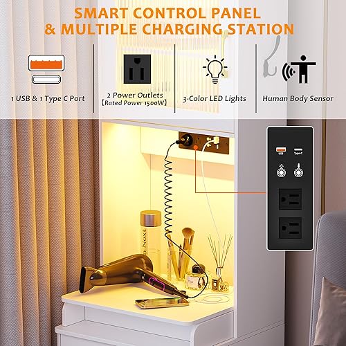 Miniatura 2 de Escritorio de tocador con estación de carga y taburete oculto, mesa de maquillaje con espejo abatible y luces, tocador con sensor de cuerpo humano y