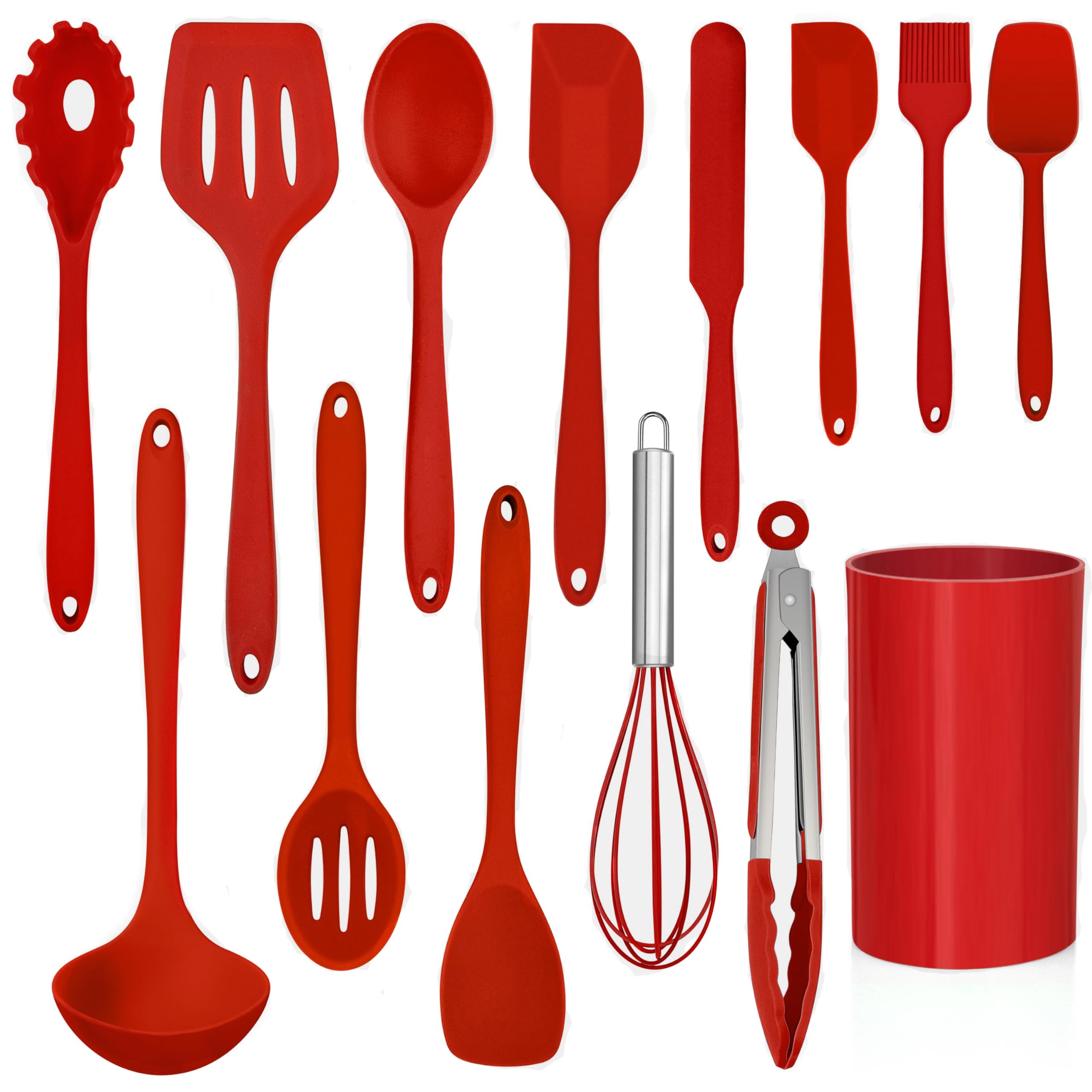 LIANYU 14 Pcs Cooking Utensils Set with Holder, Heat Resistant Silicone Kitchen Cookware Utensils Set, Kitchen Cooking Tools Includes Spatula Spoon Turner Whisk Tong, Dishwasher safe, Red