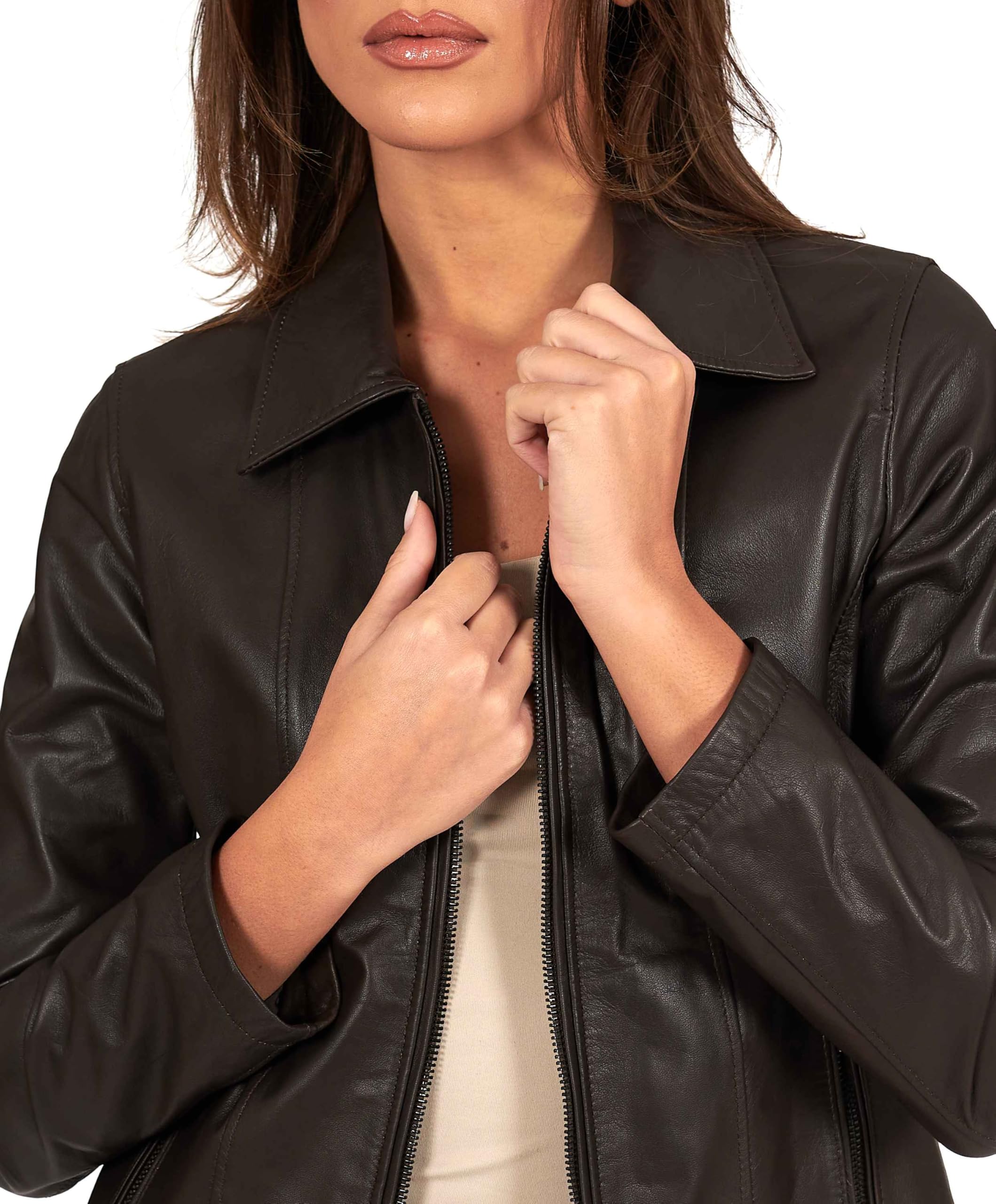 D'Arienzo Giacca Donna Marrone Giubbotto Collo Camicia Moto Vera Pelle Made in Italy Vale Cam