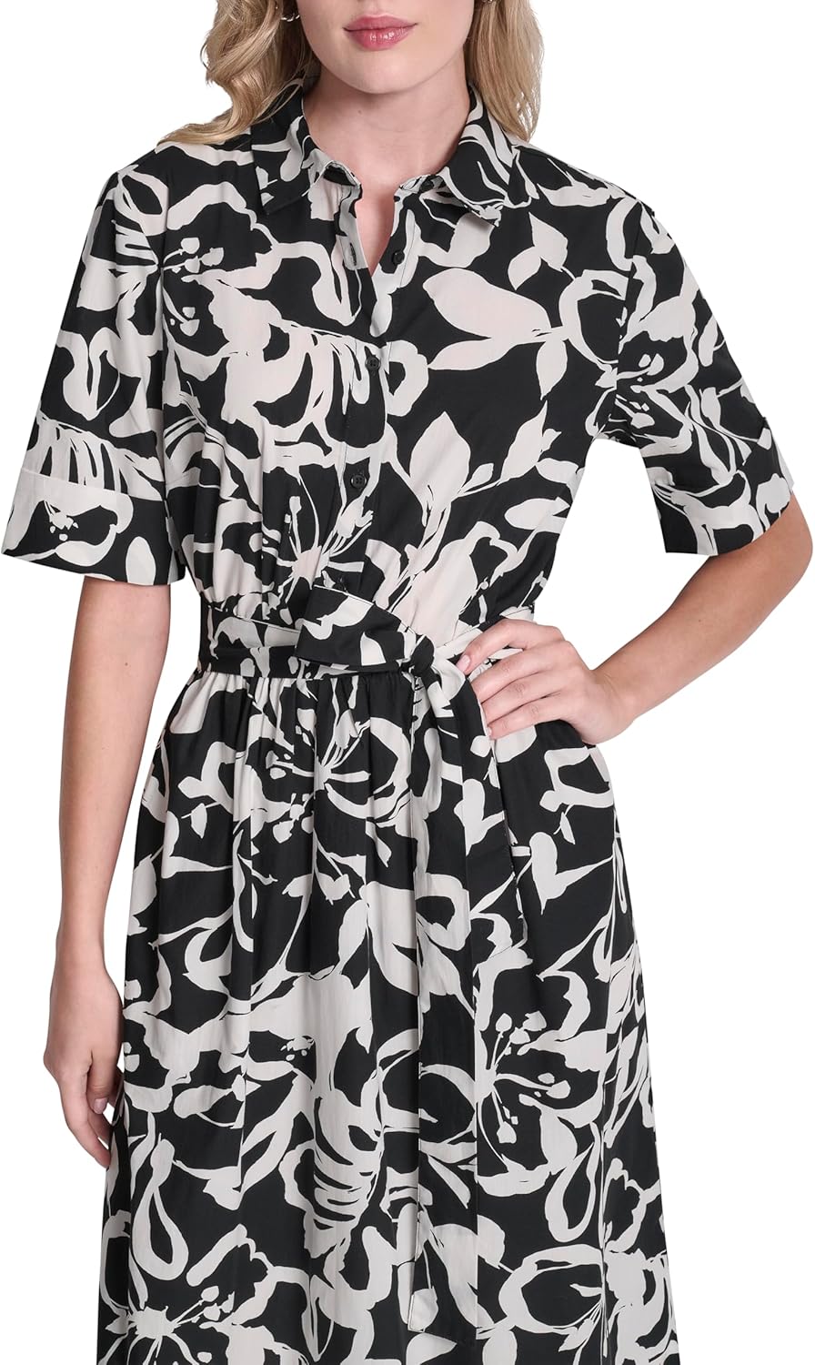 DKNY Women's Short Sleeve Cotton Poplin Collared Midi Shirtdress