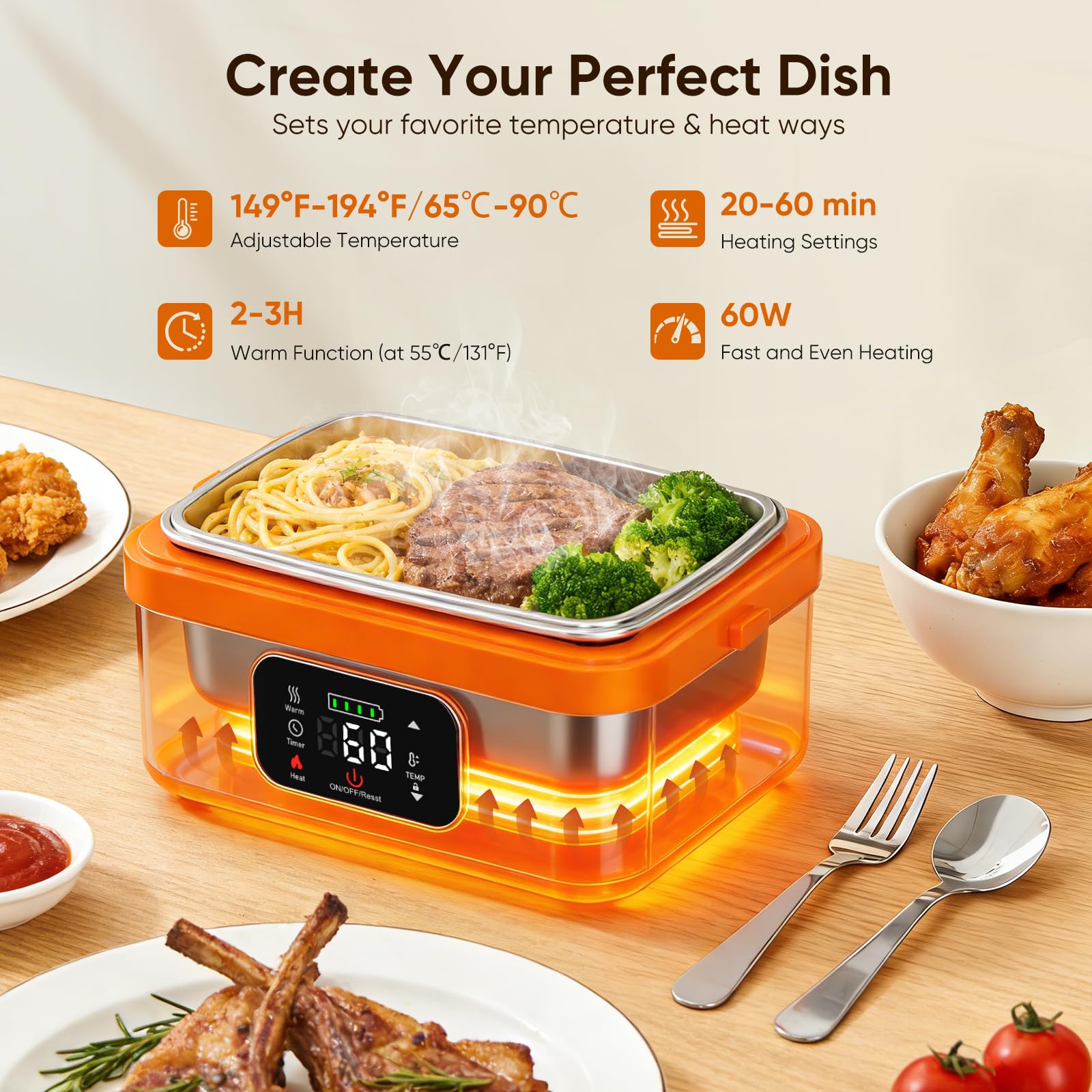 Fiambrera Electrica, 1L Inteligente Fiambrera Termica Portátil con Pantalla Táctil, Taper Electrico para Comida con Vajilla de Acero Inoxidable y Bolsa Aislante para Coche Oficina Viajes