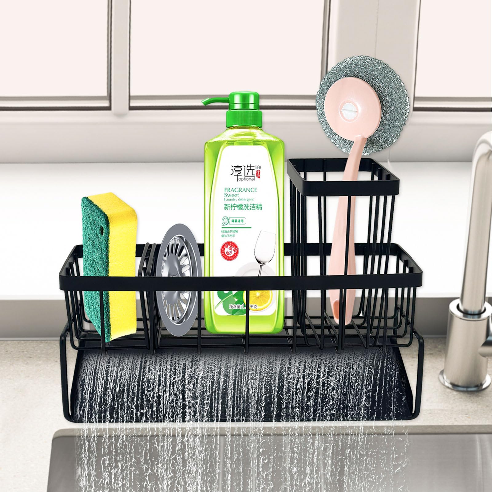 Stainless Steel Sink Caddy with Sponge Holder Brush Holder Self-Drain Tray - Rustproof Kitchen Sink Organizer for Sponge