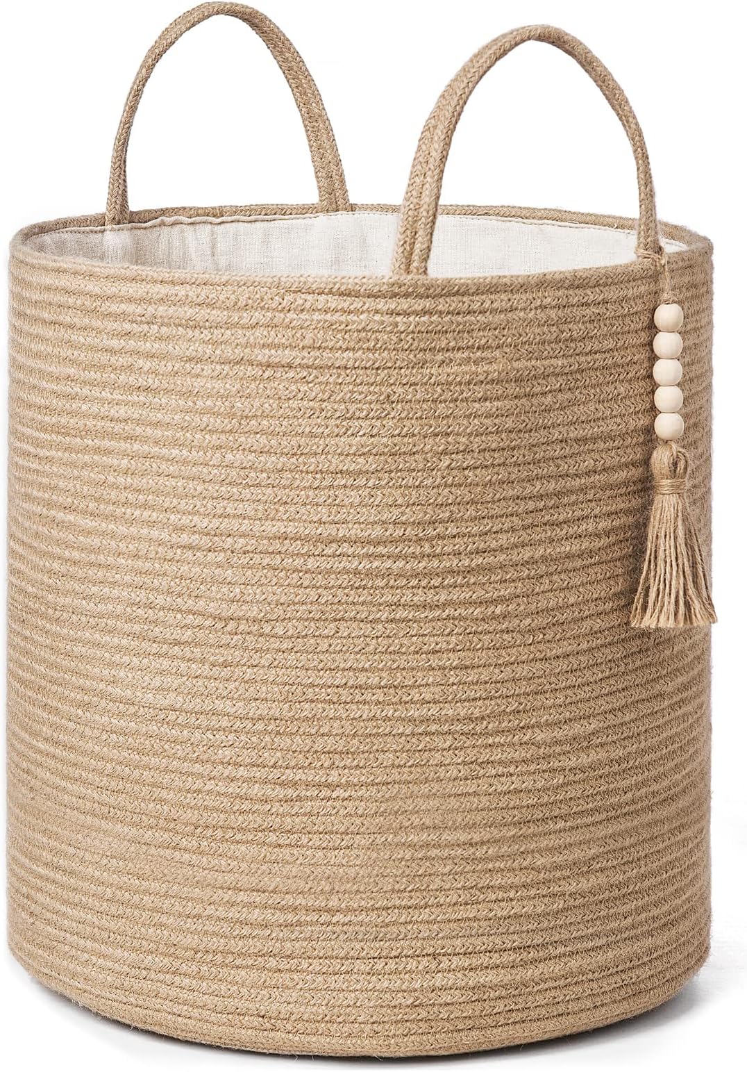 Mkono Tall Wicker Laundry Basket Woven Storage Basket Decorative Natural Rope Basket Wooden Bead Decoration for Blankets,Toys,Clothes,Shoes,Plant Organizer Bin with Handles Living Room 15"Wx17.7"L