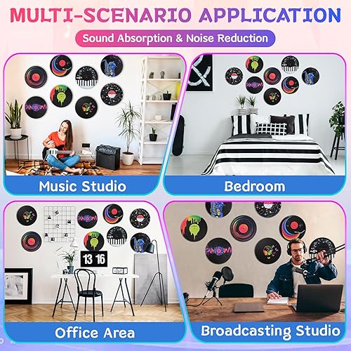 Miniatura 7 de Paquete de 8 paneles acústicos artísticos, redondos autoadhesivos de 14 x 14 x 0.4 pulgadas, paneles decorativos de absorción de sonido, tratamiento