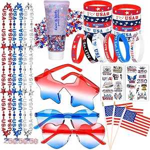 38 Pcs 4th of July Party Favors Set , 4th of July Accessories for Women with Body Hair Glitter, Sunglasses, Necklaces, Silicone Bracelets, USA Flags & Temporary Tattoos 250th Anniversary Decoration