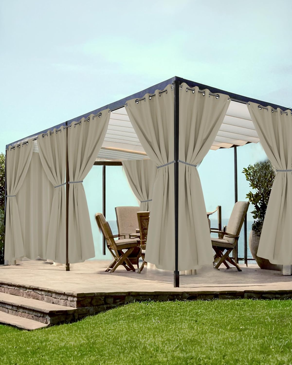 HolidayIdeas Grommet Outdoor Curtains for Patio Waterproof 8 Pcs All Weather Balcony Outside Curtains for Apartments, Gazebo, Pergolas, Porch, 54x84 Inch, Taupe