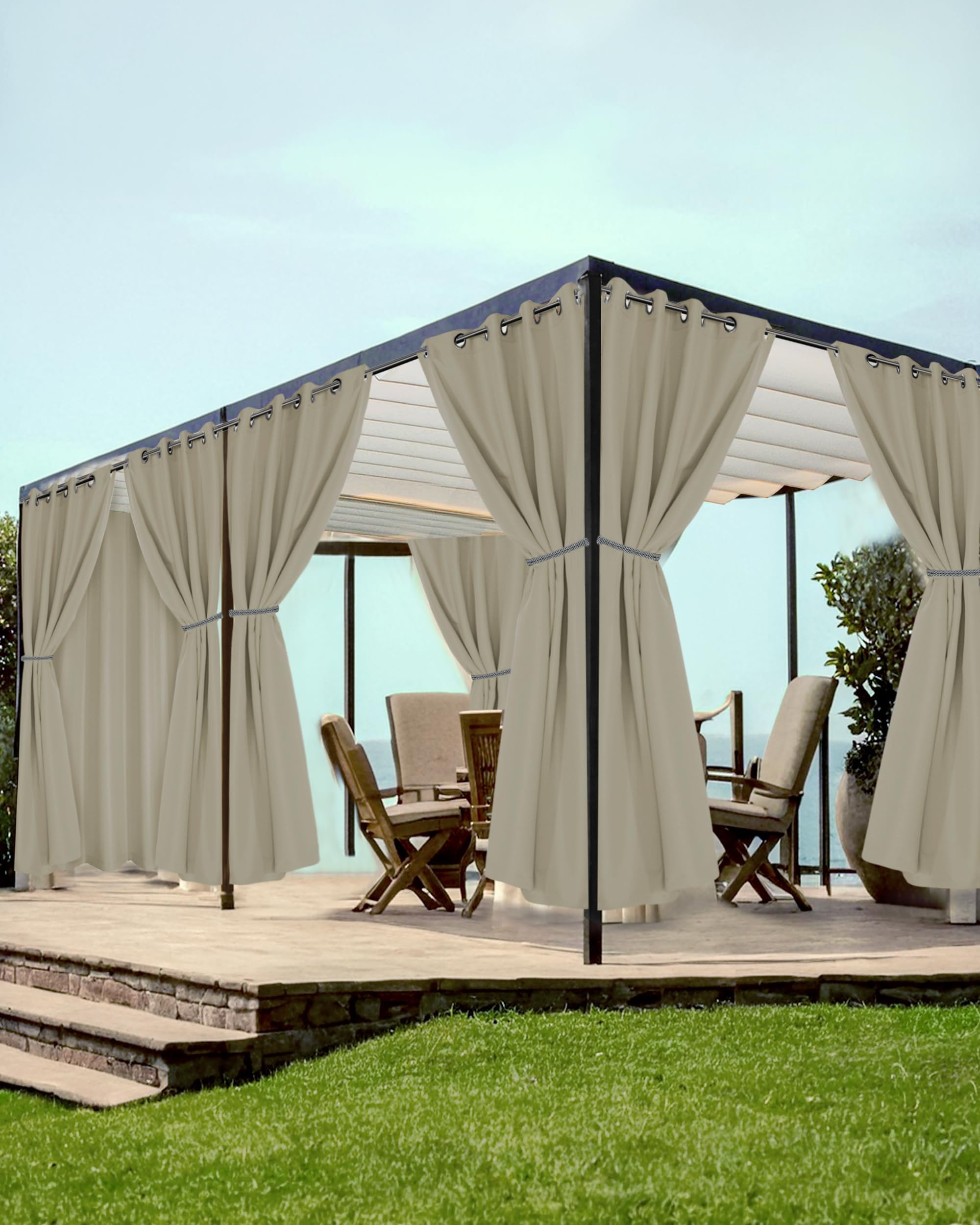 HolidayIdeas Grommet Outdoor Curtains for Patio Waterproof 8 Pcs All Weather Balcony Outside Curtains for Apartments, Gazebo, Pergolas, Porch, 54x84 Inch, Taupe