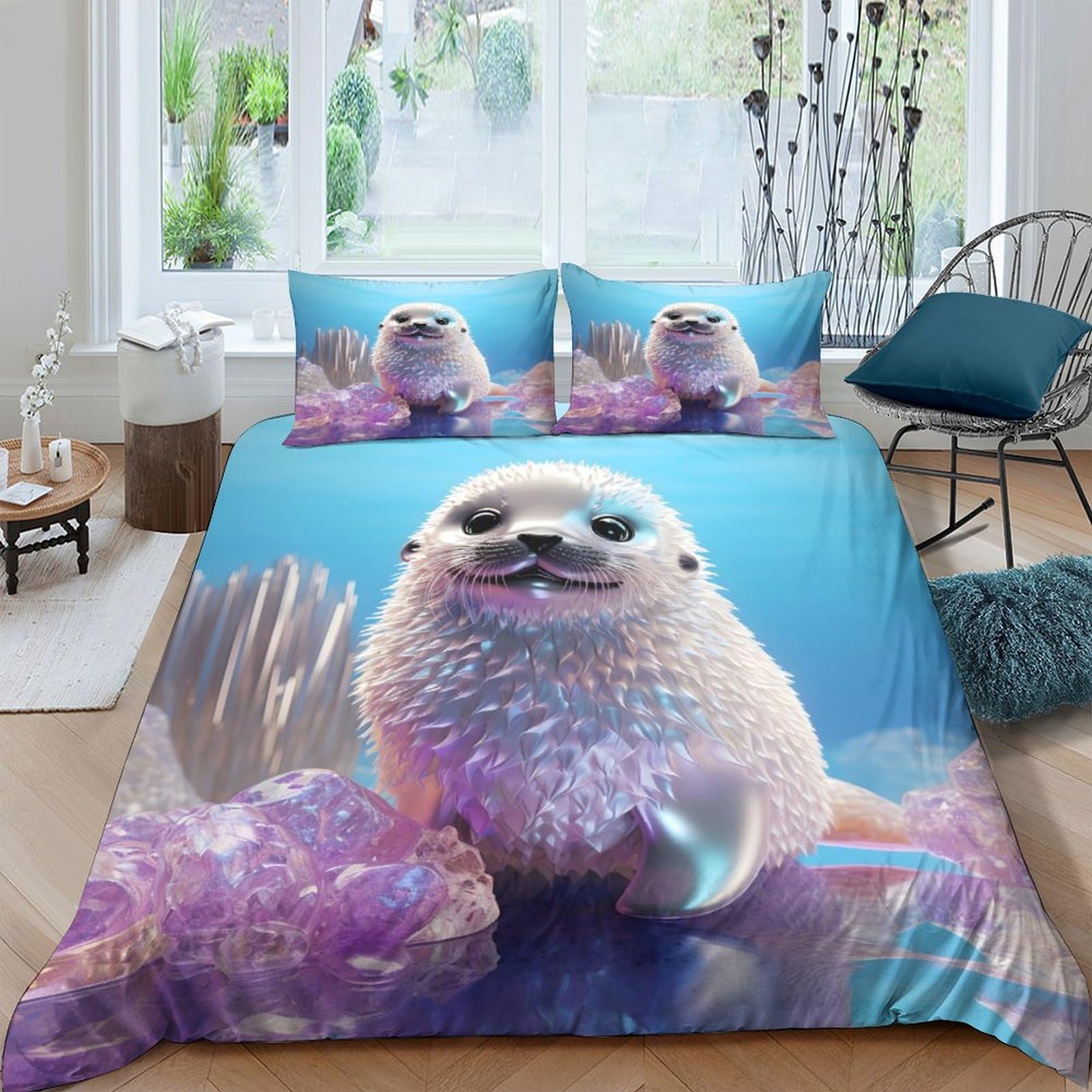 Ctjqhvkz Style-2 3D Printed Cute Otter Fitted Sheet Microfiber Soft Blue Ocean Fantasy Bed Cover Anti-Slip Machine Washable For Bedroom Dorm Home Single（135X200cm）