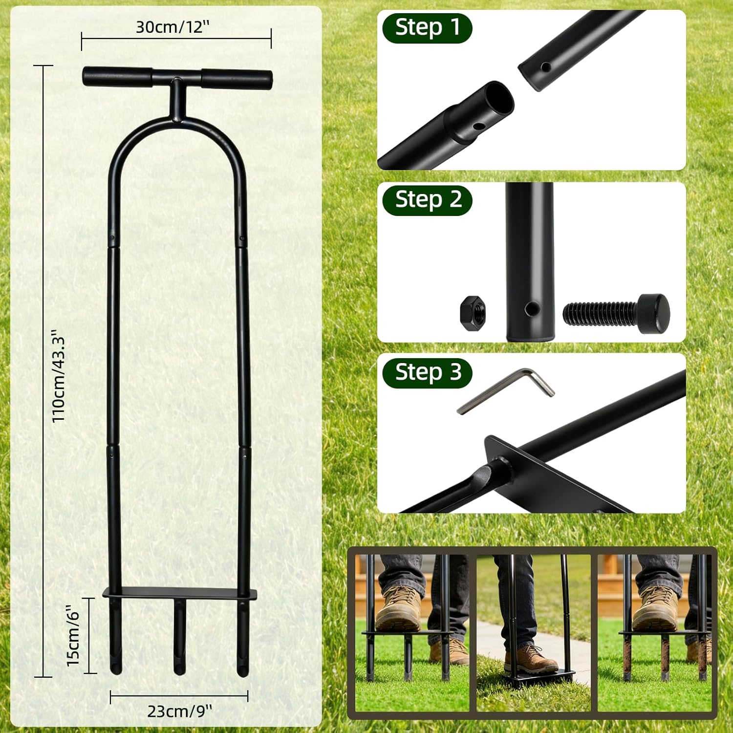 Amorest Manual Lawn Core Aerator – 3 Heavy-Duty Coring Plugs for Compacted Soil, Ergonomic T-Handle & Foot Plate, Rust-Resistant Iron Yard Aerator Tool for Garden and Lawn Care, Easy 5-Min Assembly
