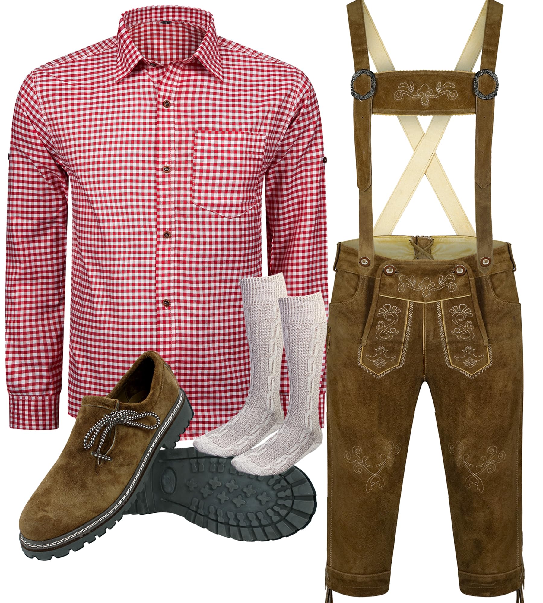 ALL THE GOOD Herren Trachtenlederhose Trachtenset Trachten Set Braun Oktoberfest Lederhose Rot Trachtenhemd Haferlschuhe mit Socken Bayerisches 5 teiliges B1