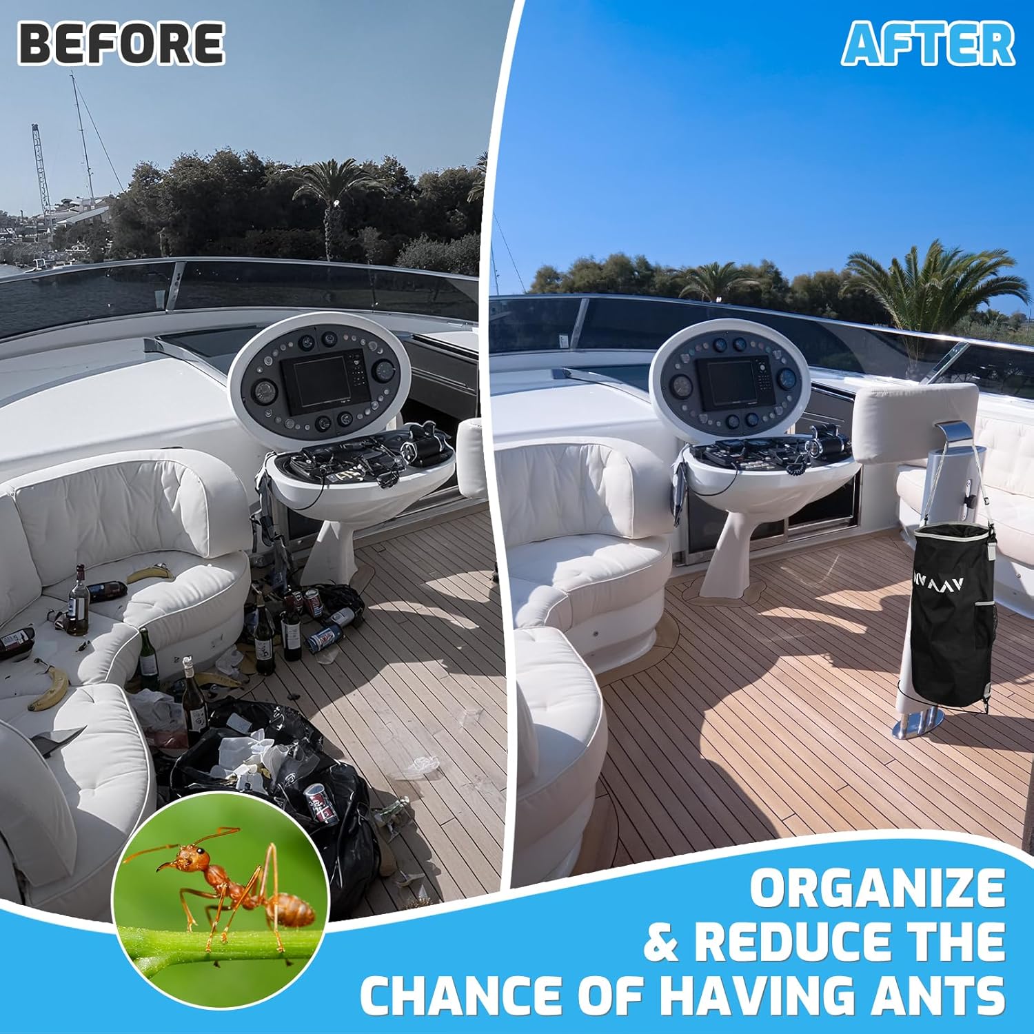 Waterproof Boat Trash Can with 6 Clips, Reusable Boat Garbage Can, Portable Pontoon Boat Accessories for Storage, Leakproof Boat Trash Bag for 10-13 Gal Garbage Bags, Boating, Camping, RV, Kayak