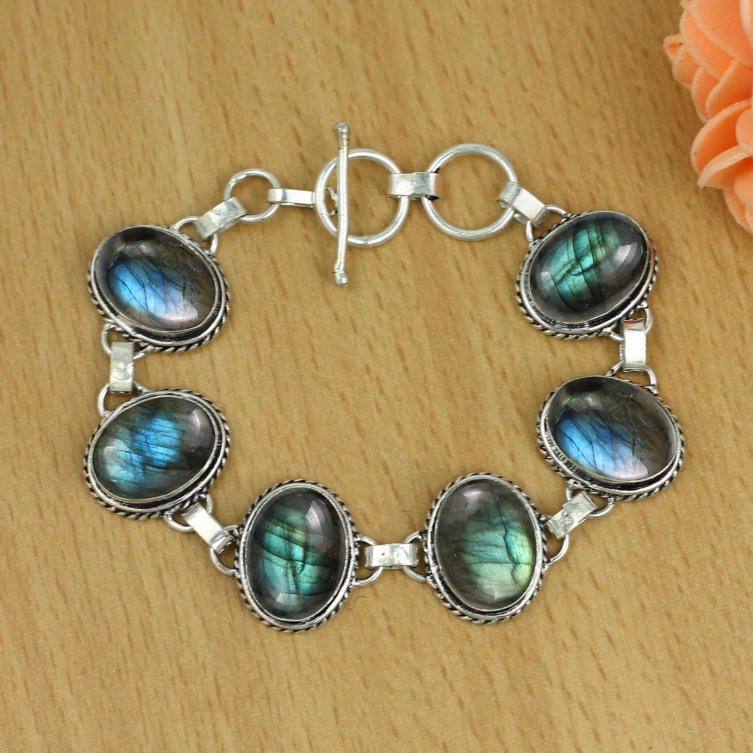 Natural Gemstones 925 Silver Plated Light Weight Trendy Statement Women's Jewelry Bracelets - Vintage Style Birthstone Oval Shape Stones Handmade Adjustable Link Bracelet - Gifts for Her