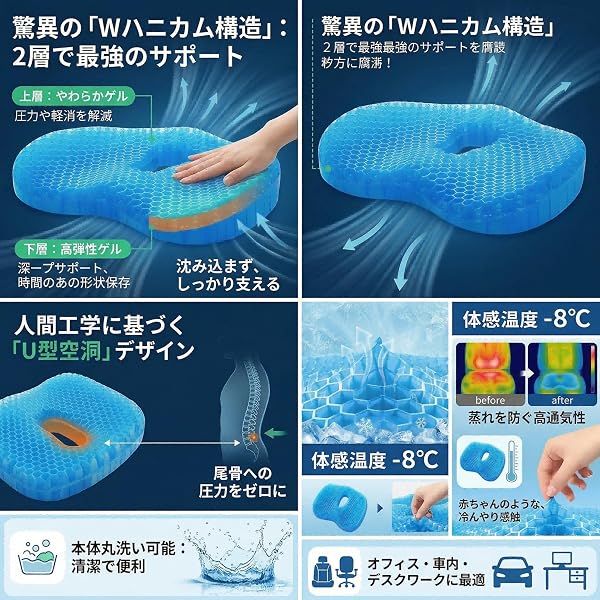 クッション 椅子用 二層構造 ゲルクッション ハニカム構造 お尻が痛くならない 座布団 高弾性 通気性 シートクッション 車 オフィス 長時間快適 チェアクッション 41×33×5cm - Blue - 2