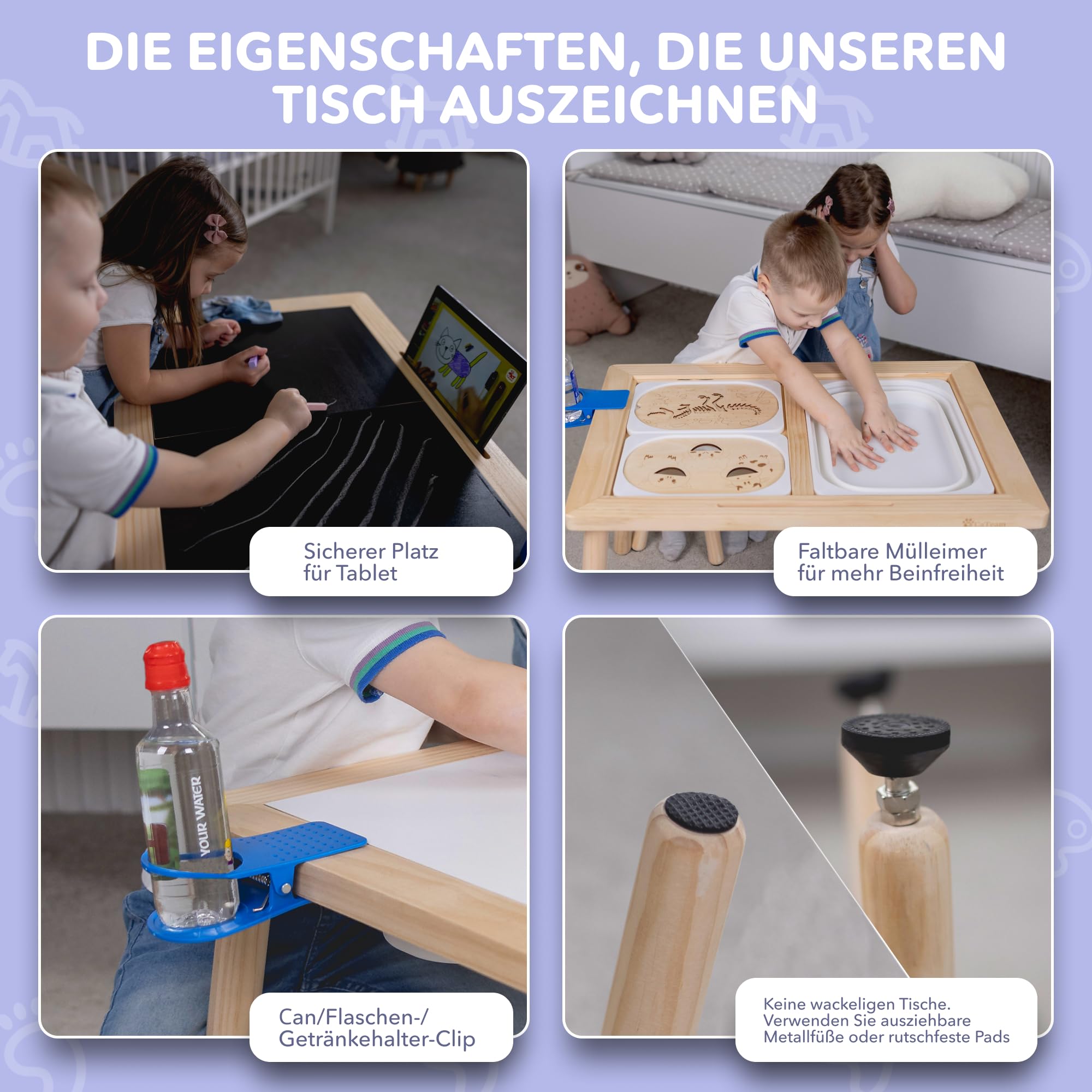 Cateam Kindertisch mit umkehrbarer Tischplatte, Spieltisch aus Kiefernholz mit 3 Faltbare Aufbewahrungsbehälter für Kinder ab 3 Jahren –Pädagogische Holzpuzzleeinsätze – Spielsand-Aktivitätstisch