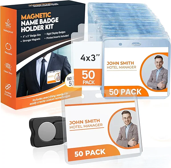 50 Pack of 4x3 Magnetic Name Badge Holders (White Printable Inserts Included) Customizable Magnetic Name Tags for Office, Conventions, School, and Events - Durable and Clear Plastic Name Tag Holder
