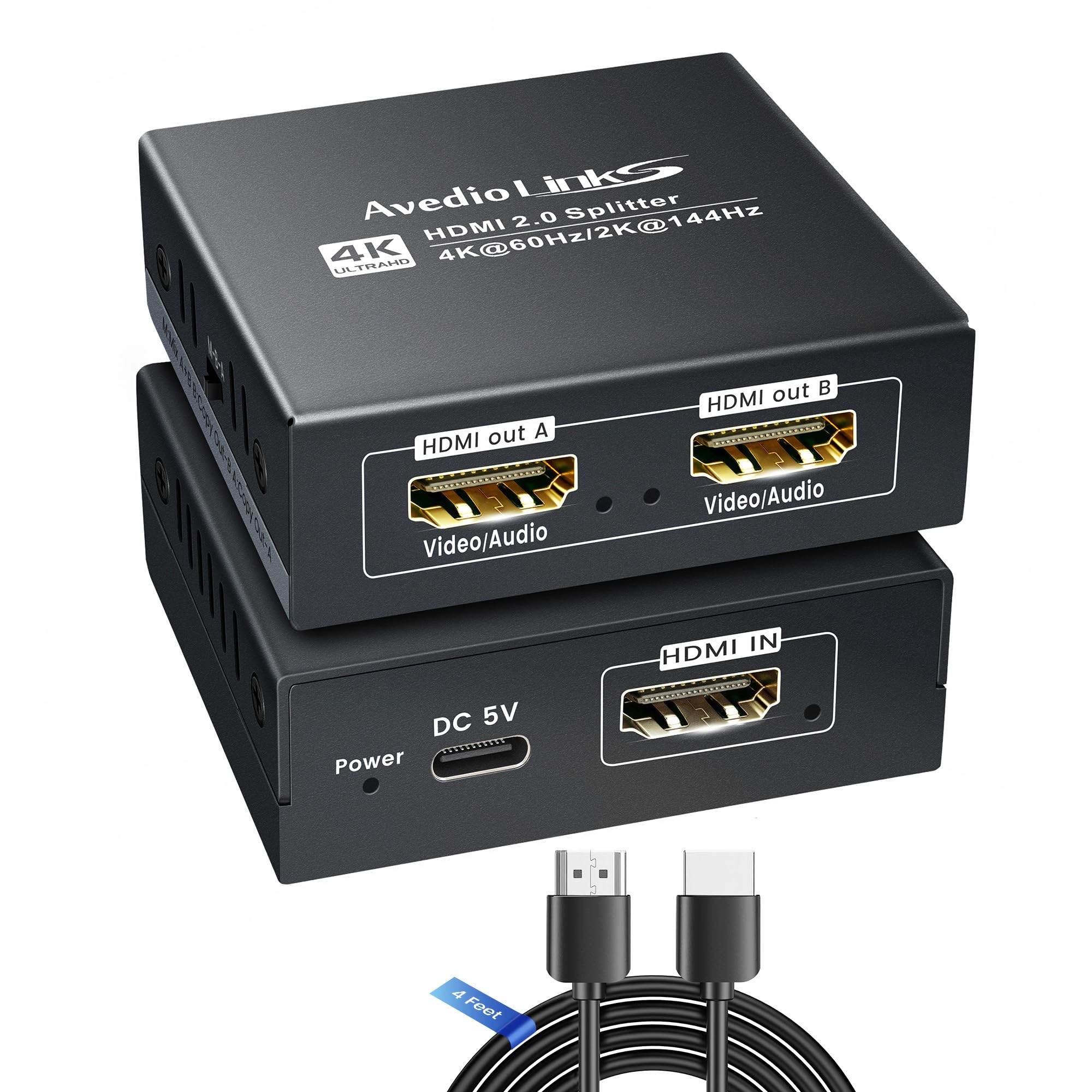 Répartiteur HDMI 4K @ 60 Hz 1 en 2 sorties avec câble HDMI de 4 m, répartiteur audio HDMI pour TV et barre de son avec scaler, prend en charge les deux écrans 4K et 1080p, 2K @ 144 Hz Dobly Vision