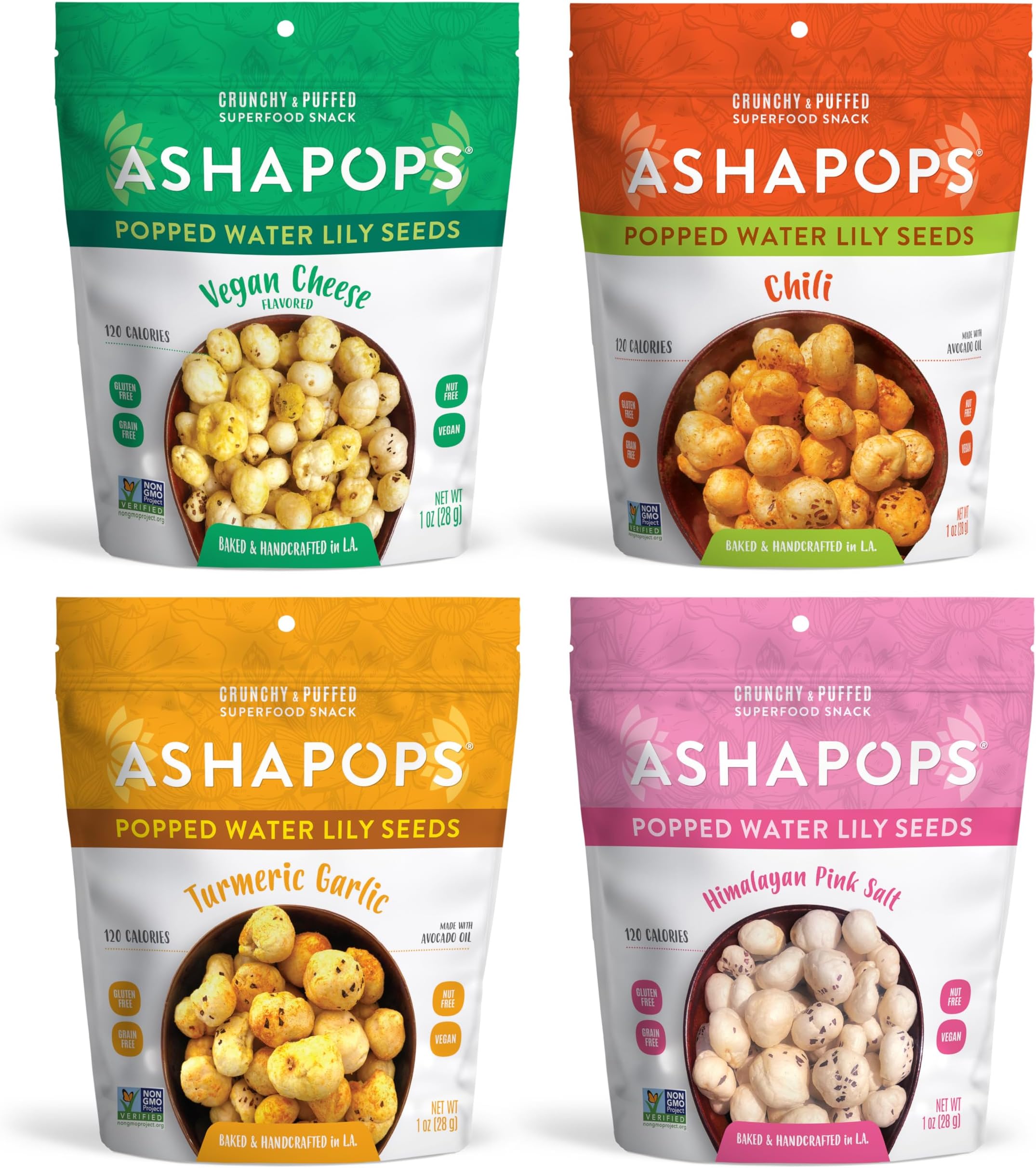 AshaPops Variety Pack Popped Water Lily Seeds - Gluten Free | Vegan | Paleo | Kosher OU| Soy Free | 1 oz | (Pack of 4 Bags)
