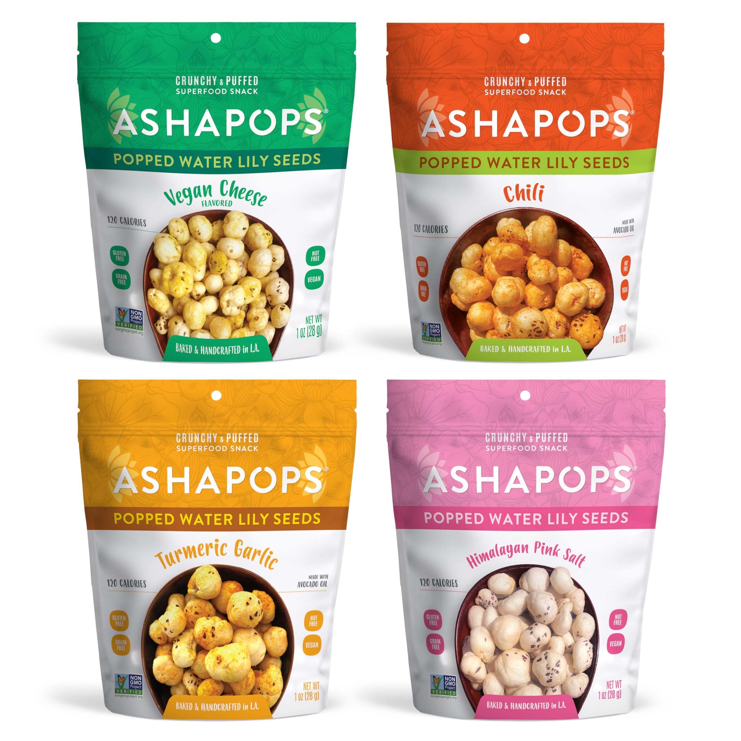 AshaPops Variety Pack Popped Water Lily Seeds - Gluten Free | Vegan | Paleo | Kosher OU| Soy Free | 1 oz | (Pack of 4 Bags)