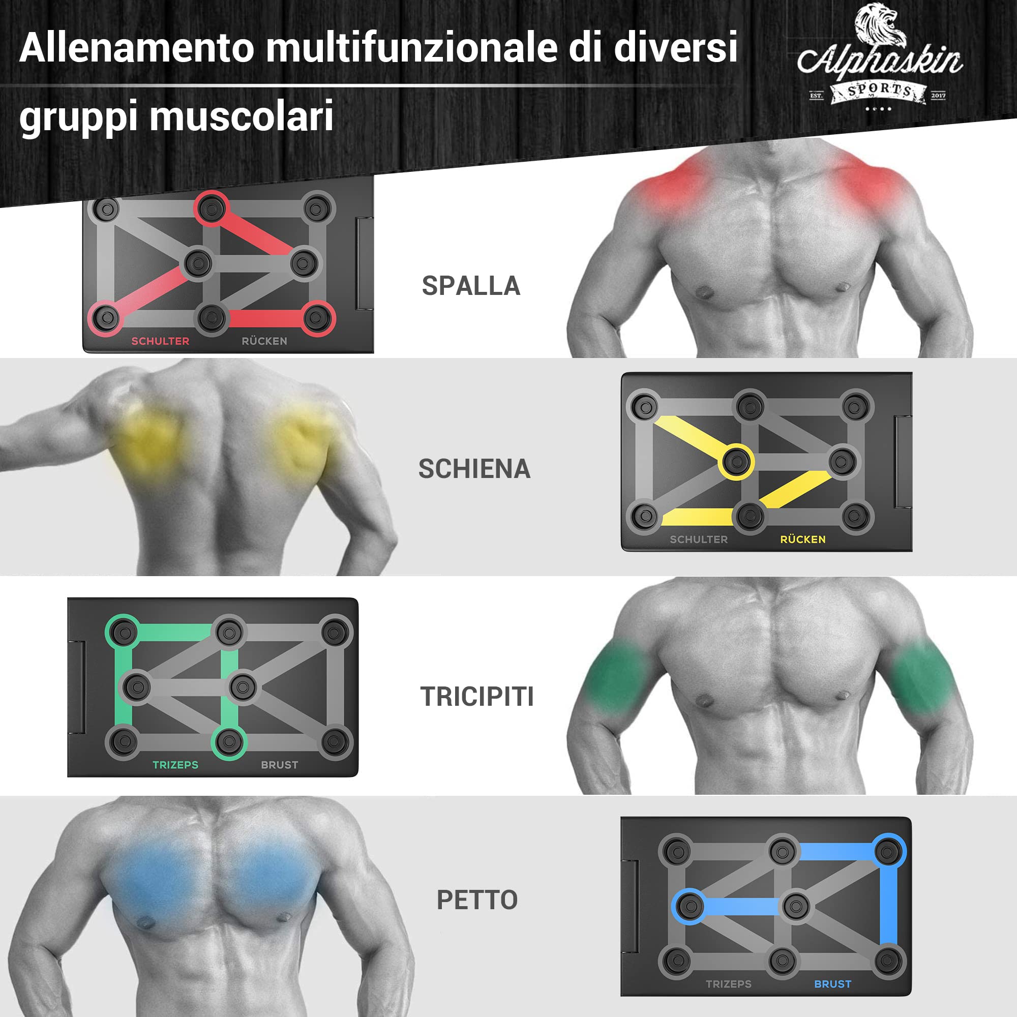 ALPHASKIN® Set di tavole per flessioni Premium I maniglie per flessioni allenamento a casa I Tavola per flessioni 9 in 1 I palestra di casa I Attrezzatura per il fitness a casa
