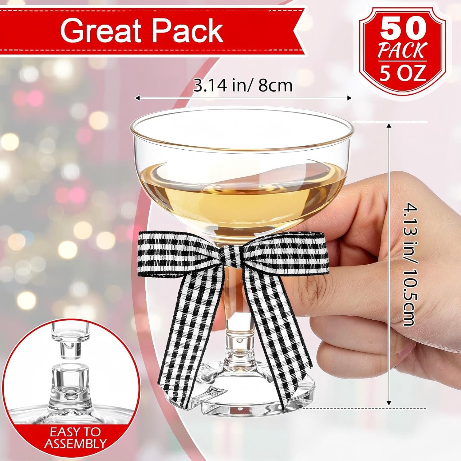 Zopeal Plastic Martini Glasses 5 oz Champagne Cups Margarita Cocktail Glasses with Bow 2.8 Inch for Valentine's Day Bachelor Home Bar Wedding Party Champagne Tower(Black and White Plaid,50 Pcs) - Image 2