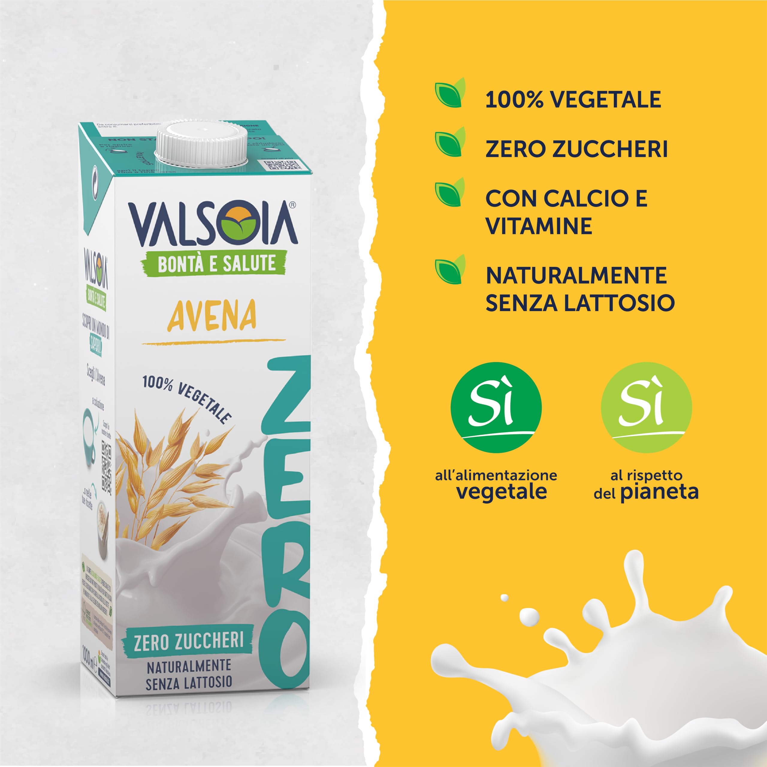 Valsoia - Bevanda Avena Zero Zuccheri, Box da 10 Tetra Brik da 1000 ml, 100% Vegetale, Senza Lattosio, con Calcio e Vitamine, Ideale anche per Vegani e Vegetariani, può Contenere Tracce di Glutine