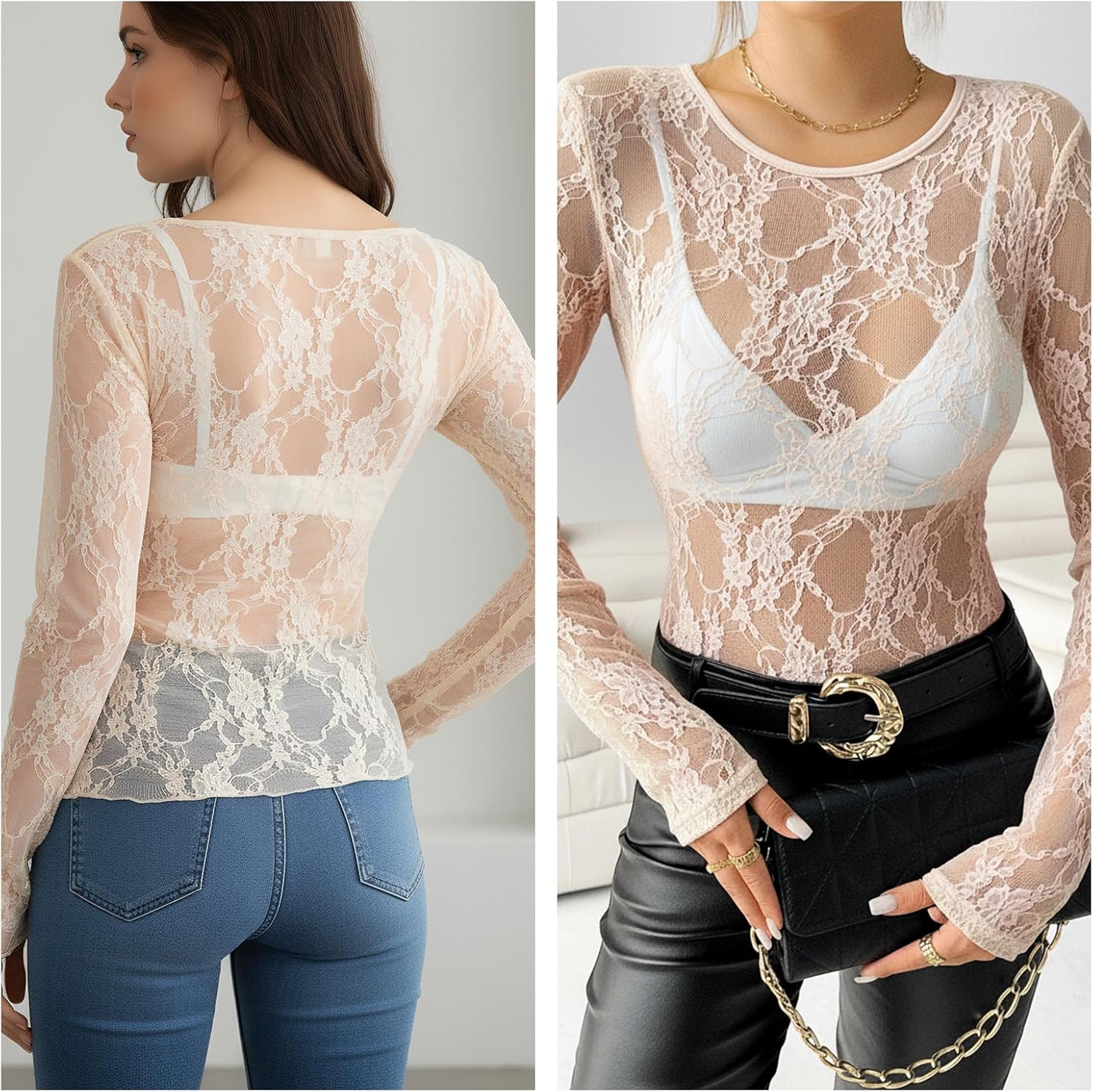Womens Long Sleeve Mesh Tops Sexy Crewneck Sheer Lace Shirts Party Club Night See Through Blouses - Image 6