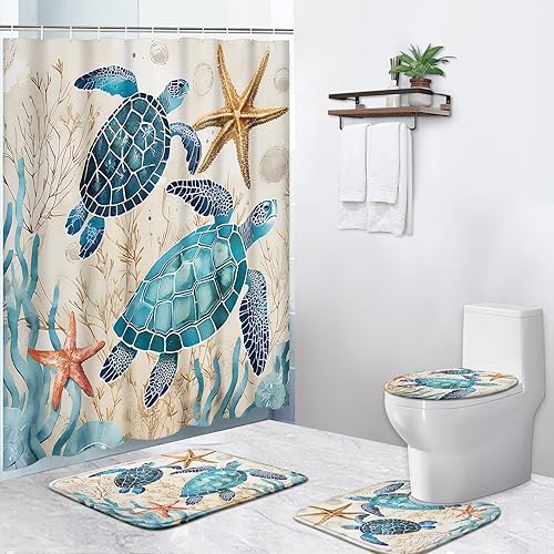 Miniatura 7 de Bribay Juego de cortinas de ducha de 4 piezas, diseño de tortuga marina, impermeable, accesorios de baño con alfombras antideslizantes, cubierta