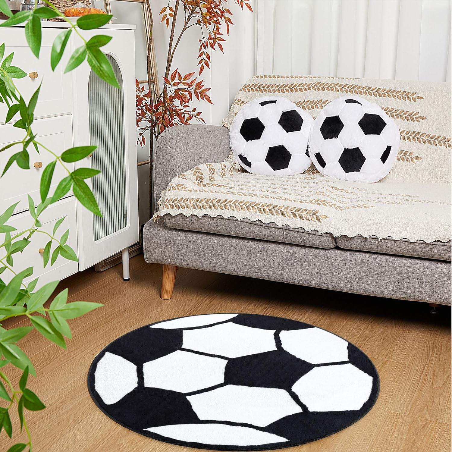 Nuanchu 3 Pcs Soccer Plush Pillows and Soccer Rug for Boys Room Decor Fluffy Soft Stuffed Sports Throw Pillows Round Mat Carpet Area Rug Sofa Cushion for Bedroom Decor