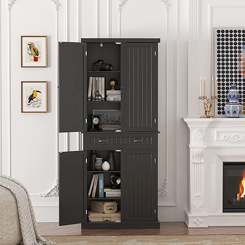 Miniatura 8 de Yusong Gabinete de despensa de cocina de 72 pulgadas de alto gabinete de almacenamiento de granja con 4 puertas cajón y estante ajustable armario de